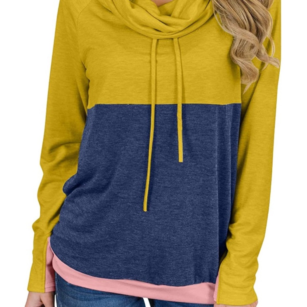Cowl Neck Long Sleeve Color Block Comfy Pullover